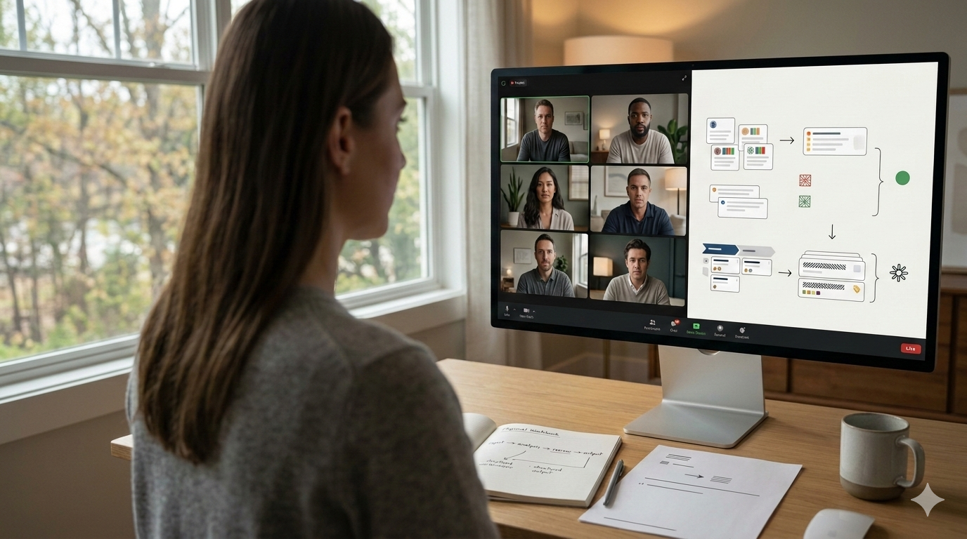 Person reviewing an AI workflow on a desktop monitor during a remote working session